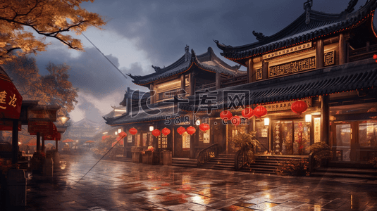 中式街景插画图片_中国风中式古典建筑繁华街道