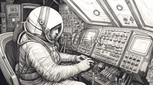黑白线条插画图片_手绘风格航空航天宇航员在操纵室