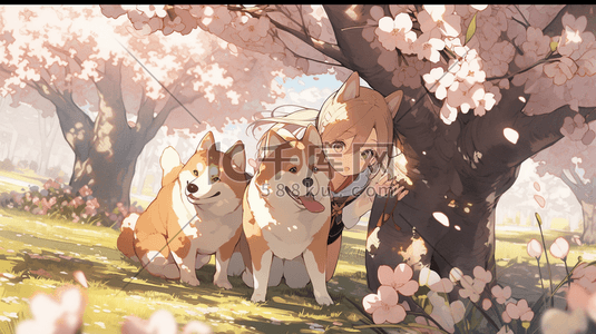 樱花树与小柴犬数字艺术插画