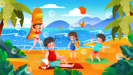 暑假海边插画图片_暑假假期旅行度假插画
