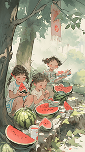 小孩在大树下乘凉吃西瓜