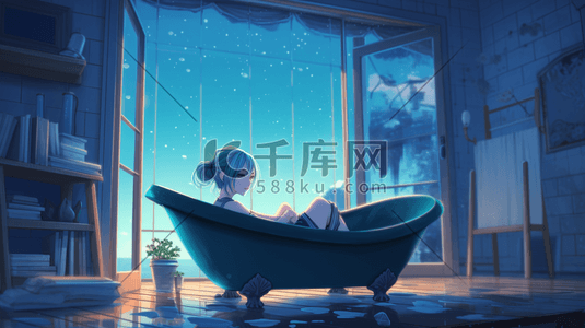 按摩浴缸插画图片_动漫风格蓝色浴室浴缸柔和数字艺术插画