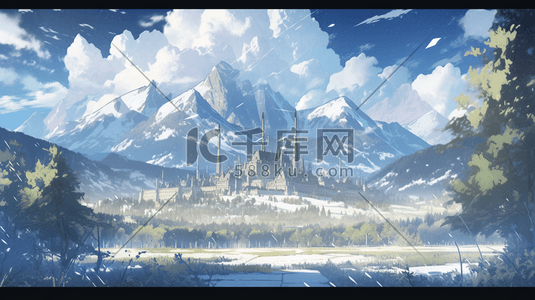 唯美雪山山脉的像素艺术景观插画
