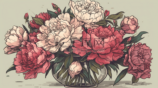 一个盛满牡丹花的花瓶插画