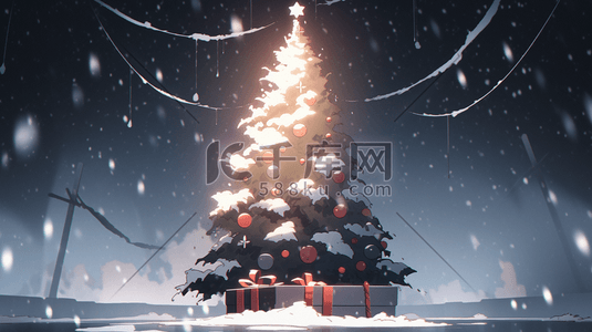 唯美圣诞节插画图片_冬天唯美圣诞节圣诞树礼物3D模型数字艺术插画