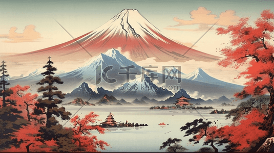 浮世绘插画图片_彩色富士山手绘浮世绘背景