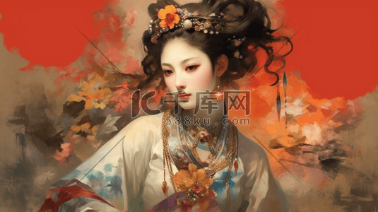 彩色壁画插画图片_彩色敦煌壁画风格中式美女插画