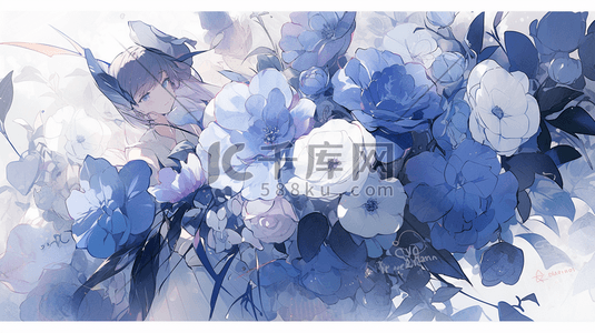 水彩蓝色紫色插画图片_一束紫色和蓝色的玫瑰插画