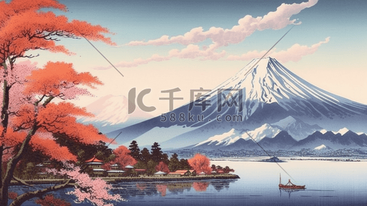 日式樱花插画图片_浮世绘风格桥水樱花背景