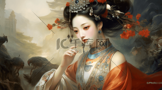 彩色壁画插画图片_彩色敦煌壁画风格中式美女插画