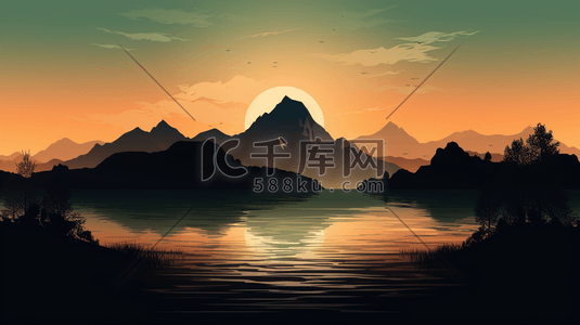 沈阳轮廓插画图片_日落时靠近水体的山体轮廓