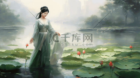 中国风古风仕女莲花图美女在荷花池中