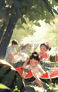 手绘课本插画图片_小孩在大树下乘凉吃西瓜