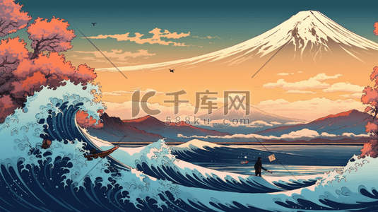 富士山日式插画图片_神奈川冲浪浮世绘插画