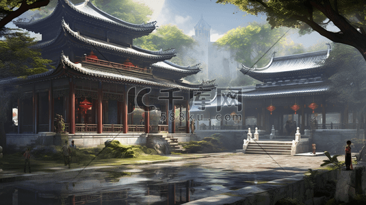 国风国潮建筑风景插画图片_彩色传统古典中国风国潮建筑风景