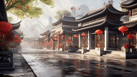 中国风中式古典建筑繁华街道