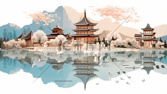 大理插画图片_大理洱海泉城景色