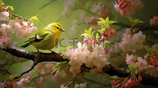 麻雀插画图片_春天的花朵盛开绿树如荫一只小雀在树枝