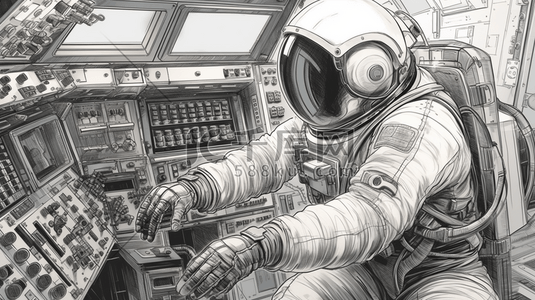 线条黑白插画图片_手绘风格航空航天宇航员在操纵室
