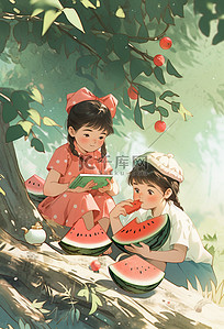 初秋大树下插画图片_小孩在大树下乘凉吃西瓜