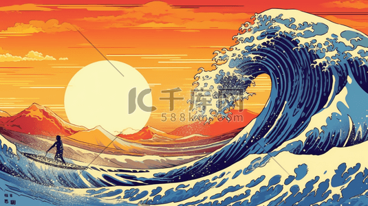 古国插画图片_浮世绘冲浪复古国潮插画