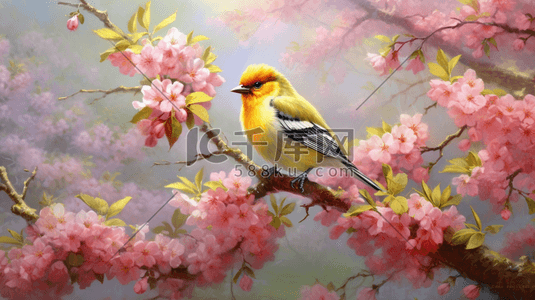麻雀插画图片_春天的花朵盛开绿树如荫一只小雀在树枝