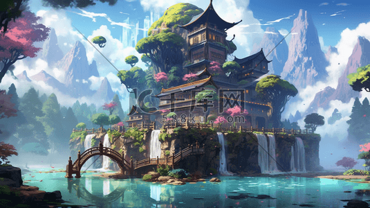 日式樱花插画图片_日式建筑樱花像素风格卡通场景