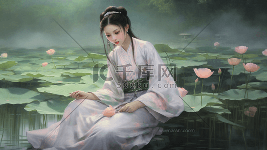 中国风古风美女站在荷叶池塘荷花