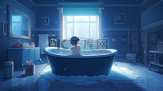动漫风格蓝色浴室浴缸柔和数字艺术插画