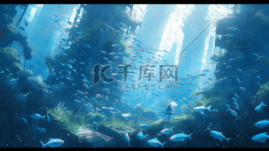 梦幻唯美海底植物和热带鱼3D图插画