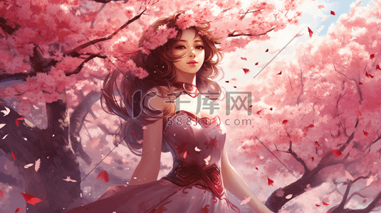 浪漫春天春分插画图片_樱花树下的美少女浪漫唯美