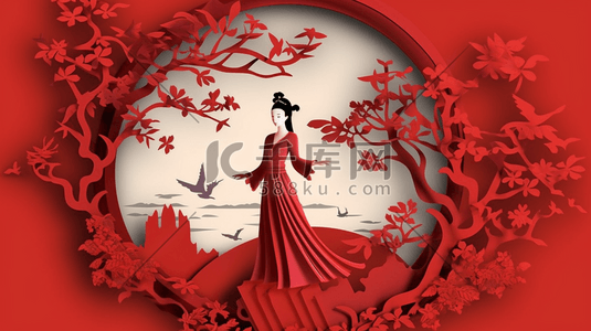 剪纸风红色插画图片_中国风花鸟红色女人国潮剪纸风风景