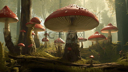 巨型蜘蛛插画图片_森林里红色巨型蘑菇