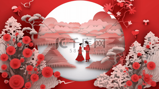 中国风花鸟国潮剪纸风红色风景