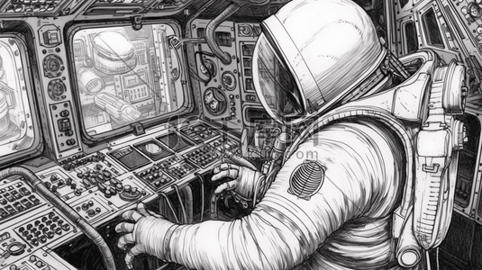 线条黑白插画图片_黑白线条航空航天宇航员在操纵室