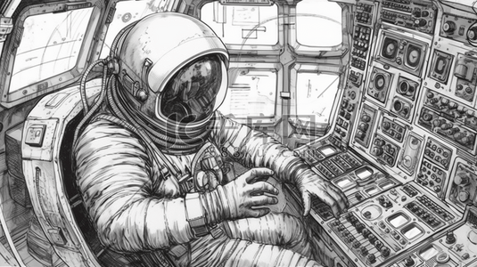 线条黑白插画图片_手绘风格航空航天宇航员在操纵室