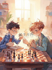 小学教材风下棋玩耍的儿童插画