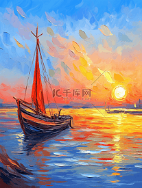 油画风插画风景大海里的帆船