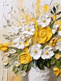 黄白花花束画作布面油画厚重的印象派画作