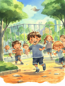 积极乐观插画图片_小学教材风操场上开心玩耍的儿童插画