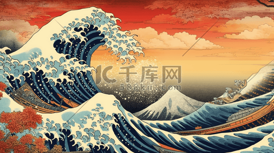 富士山日式插画图片_国潮浪花浮世绘复古背景