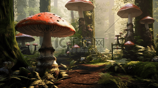 巨型蜘蛛插画图片_森林中生长的巨型蘑菇