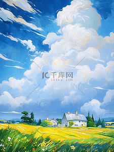 油画风插画春天田野风景