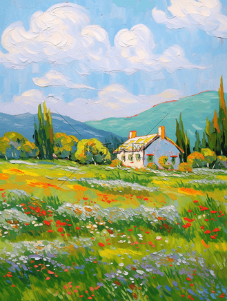 油画风插画风景田野里的小屋