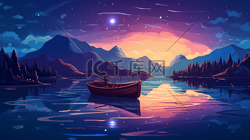 风景湖面上有一个小船夜晚