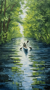 划船的人插画图片_油画宁静的湖泊风景