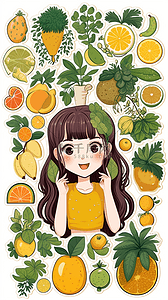 少女女孩卡通手绘贴纸蔬菜水果