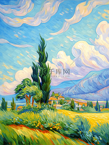 油画风插画春天田野风景