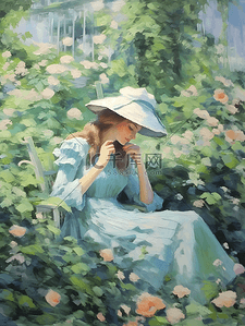 坐在花园里的漂亮女人绿色调油画