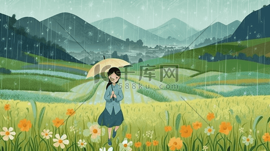 下雨人物插画图片_春天春季人物下雨雨水谷雨田园